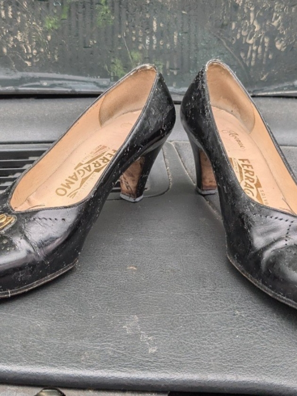 Salvatore Ferragamo Black Patent Leather Mid-Heel Pumps